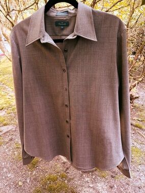 Evan Picone Taupe-Brown Button Front Long Sleeve Blouse